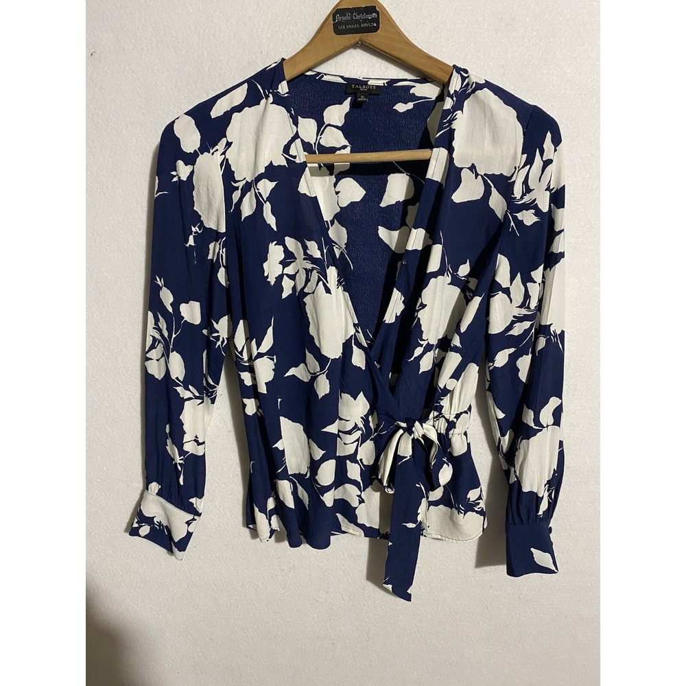 Talbots Pullover Floral Blouse Blue Preppy 3/4 Sleeve Womens Size SP